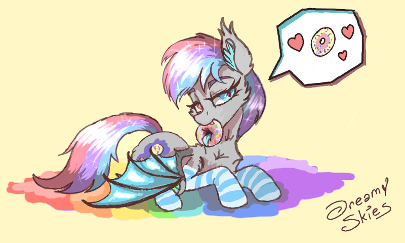 Size: 854x512 | Tagged: questionable, artist:dreamyskies, derpibooru import, oc, oc:dreamyway skies, unofficial characters only, bat pony, bat wings, bedroom eyes, clothes, donut, food, heterochromia, kinky, long tongue, looking at you, lying, sketch, socks, solo, sparkles, striped socks, tongue out, wings