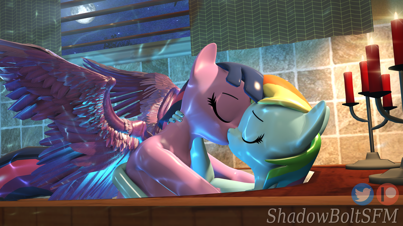 Size: 3840x2160 | Tagged: questionable, artist:shadowboltsfm, derpibooru import, rainbow dash, twilight sparkle, twilight sparkle (alicorn), alicorn, anthro, plantigrade anthro, 3d, 4k, adorasexy, bathtub, breasts, candle, cute, eyelashes, eyes closed, female, kissing, lesbian, making out, moon, night, nudity, passionate, sexy, shipping, source filmmaker, twidash, wet