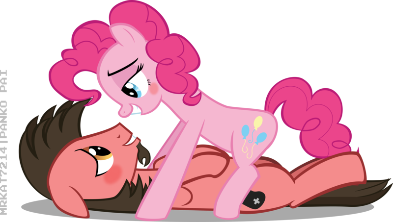 Size: 3509x1987 | Tagged: safe, artist:mrkat7214, derpibooru import, pinkie pie, oc, oc:ace play, earth pony, pony, bedroom eyes, blushing, canon x oc, cute, diapinkes, facial hair, female, female on male, floppy ears, goatee, grin, implied sex, looking at each other, male, mare, mare on stallion, on back, pinkieplay, pinned down, shipping, simple background, smiling, stallion, straight, transparent background, vector