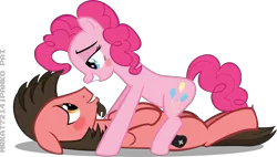 Size: 3509x1987 | Tagged: safe, artist:mrkat7214, derpibooru import, pinkie pie, oc, oc:ace play, earth pony, pony, bedroom eyes, blushing, canon x oc, cute, diapinkes, facial hair, female, female on male, floppy ears, goatee, grin, implied sex, looking at each other, male, mare, mare on stallion, on back, pinkieplay, pinned down, shipping, simple background, smiling, stallion, straight, transparent background, vector