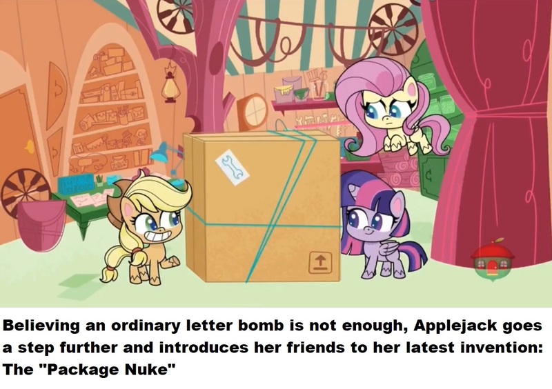 Size: 1248x880 | Tagged: safe, derpibooru import, edit, edited screencap, screencap, applejack, fluttershy, twilight sparkle, alicorn, earth pony, pegasus, pony, badge of shame, my little pony: pony life, spoiler:pony life s01e10, spoiler:pony life s01e13, female, implied bomb, implied nuke, mare, package, ponestrip