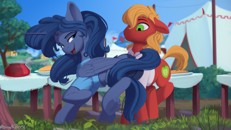 Size: 1920x1080 | Tagged: safe, artist:discordthege, derpibooru import, idw, big macintosh, princess luna, alicorn, earth pony, pony, spoiler:comic09, clothes, fabulous, female, flirting, luna's shirt, lunamac, male, mare, shipping, shirt, stallion, straight, tail wrap, tent, tree