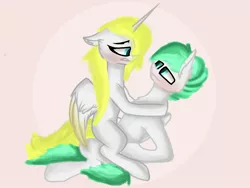 Size: 2048x1536 | Tagged: suggestive, artist:valereka, derpibooru import, oc, oc:dreamer skies, oc:sweetie shy, alicorn, pegasus, pony, alicorn oc, blushing, female, gift art, horn, implied sex, looking at each other, male, pleased, quick draw, simple background, smiley face, smiling, straight, wings