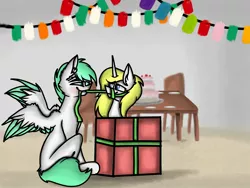 Size: 2048x1536 | Tagged: safe, artist:valereka, derpibooru import, oc, oc:dreamer skies, oc:sweetie shy, alicorn, pegasus, pony, alicorn oc, birthday, celebration, couple, cute, gift art, gift wrapped, happy, horn, present, romantic, wings