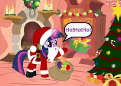 Size: 1024x723 | Tagged: artist needed, safe, derpibooru import, twilight sparkle, pony, unicorn, belt, boots, candle, christmas, christmas tree, clothes, costume, fake beard, female, fireplace, gloves, glowing horn, golden oaks library, hat, ho ho ho, holiday, horn, library, looking at you, magic, mare, present, raised hoof, sack, santa beard, santa claus, santa costume, santa hat, shoes, solo, tree, unicorn twilight, wreath