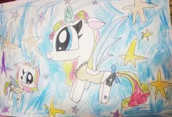 Size: 1080x736 | Tagged: safe, artist:bellas.den, derpibooru import, oc, unofficial characters only, alicorn, pony, alicorn oc, bow, clothes, duo, flying, glowing horn, horn, stars, tail bow, traditional art, wings