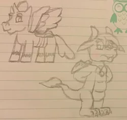 Size: 1952x1839 | Tagged: safe, artist:tarkan809, derpibooru import, ocellus, changeling, dragon, cute, diaocelles, dragon ocellus, dragon tales, lined paper, shy, style emulation, traditional art