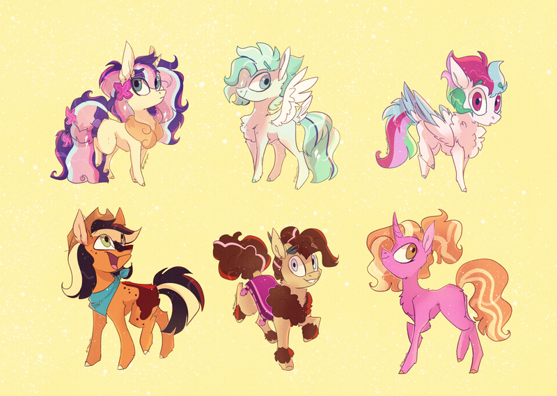 Size: 3077x2183 | Tagged: safe, artist:iheyyasyfox, derpibooru import, luster dawn, oc, oc:classy skies, oc:derideri, oc:neapolitan, oc:roadie rodeo, oc:wildstyle, unofficial characters only, earth pony, hybrid, original species, pegasus, pony, unicorn, yakony, interspecies offspring, magical lesbian spawn, offspring, parent:applejack, parent:fluttershy, parent:pinkie pie, parent:prince rutherford, parent:princess celestia, parent:rainbow dash, parent:rarity, parent:thunderlane, parent:trouble shoes, parent:troubleshoes clyde, parent:twilight sparkle, parents:dashlestia, parents:pinkieford, parents:rarilane, parents:troublejack, parents:twishy, simple background, yellow background