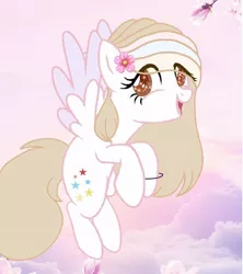 Size: 580x654 | Tagged: safe, artist:lacey.wonder, derpibooru import, oc, pegasus, pony, bracelet, cloud, eyelashes, flower, flower in hair, flying, jewelry, open mouth, pegasus oc, smiling, solo, two toned wings, wings