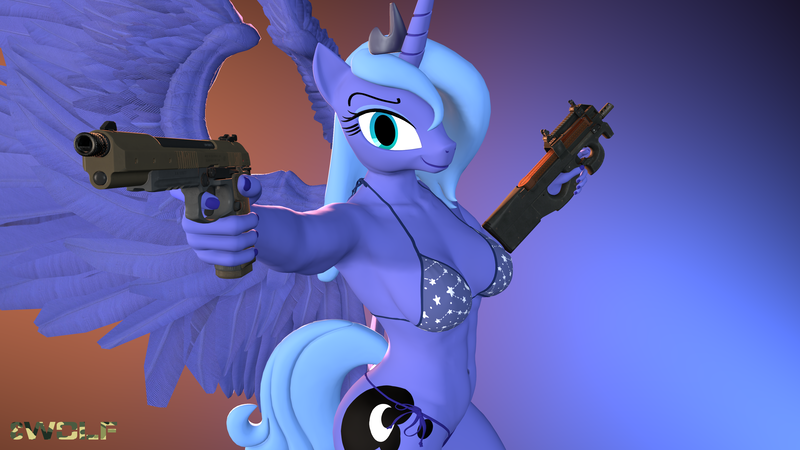 Size: 3840x2160 | Tagged: 3d, alicorn, anthro, artist:epsilonwolf, beretta, bikini, breasts, busty princess luna, cleavage, clothes, crown, derpibooru import, female, gun, handgun, horn, jewelry, midriff, nexgen, p90, pistol, plantigrade anthro, princess luna, regalia, s1 luna, smug, solo, source filmmaker, spread wings, submachinegun, suggestive, swimsuit, weapon, wings