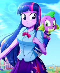 Size: 1784x2163 | Tagged: safe, artist:the-butch-x, derpibooru import, spike, twilight sparkle, dog, equestria girls, breasts, busty twilight sparkle, canterlot high, clothes, cute, cutie mark, cutie mark on clothes, looking at you, purple hair, redraw, rework, skirt, smiling, smiling at you, spikabetes, spike the dog, twiabetes