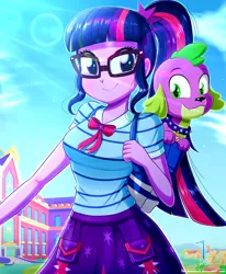 Size: 1784x2163 | Tagged: safe, alternate version, artist:the-butch-x, derpibooru import, sci-twi, spike, spike the regular dog, twilight sparkle, dog, equestria girls, equestria girls series, backpack, breasts, busty sci-twi, canterlot high, clothes, cute, cutie mark, cutie mark on clothes, geode of telekinesis, glasses, jewelry, looking at you, magical geodes, necklace, ponytail, purple hair, redraw, rework, signature, skirt, smiling, smiling at you, spikabetes, the-butch-x is trying to murder us, twiabetes