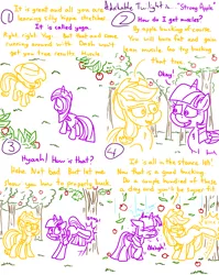 Size: 4779x6013 | Tagged: safe, artist:adorkabletwilightandfriends, derpibooru import, applejack, twilight sparkle, twilight sparkle (alicorn), alicorn, earth pony, pony, comic:adorkable twilight and friends, above, adorkable, adorkable twilight, advice, aerial, apple, apple tree, applebucking, bonk, bucking, butt, comic, cute, dork, exercise, food, friendship, funny, hat, humor, kicking, persepctive, plot, slice of life, tongue out, tree