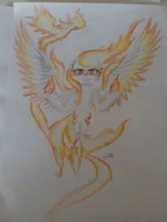 Size: 768x1024 | Tagged: safe, artist:kiwwsplash, derpibooru import, oc, unofficial characters only, pegasus, phoenix, pony, both cutie marks, duo, flying, mane of fire, pegasus oc, pyromancy, smiling, smirk, traditional art, wings