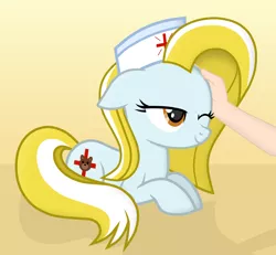 Size: 2452x2262 | Tagged: safe, artist:chomakony, derpibooru import, oc, oc:nurse reisol, unofficial characters only, earth pony, pony, cute, earth pony oc, female, floppy ears, gradient background, hand, hand on head, hat, lying down, mare, nurse, nurse hat, one eye closed, orange eyes, show accurate, simple background, smiling, solo, teddy bear, weapons-grade cute