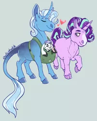 Size: 390x486 | Tagged: safe, artist:owlcoholik, derpibooru import, starlight glimmer, trixie, oc, oc:white rabbit, classical unicorn, draconequus, hybrid, unicorn, baby, baby carrier, cloven hooves, cropped, draconequus oc, female, gray background, interspecies offspring, leonine tail, lesbian, offspring, parent:discord, parent:starlight glimmer, parent:trixie, parents:trixcord, shipping, simple background, startrix, unshorn fetlocks