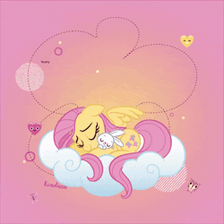 Size: 720x720 | Tagged: safe, derpibooru import, angel bunny, fluttershy, pegasus, pony, animated, cloud, cuddling, cute, discovery family, duo, eyes closed, gif, heart, kindness, lying on a cloud, on a cloud, shyabetes, smiling