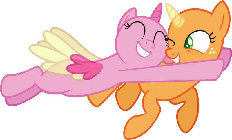 Size: 1489x899 | Tagged: safe, artist:pegasski, derpibooru import, oc, unofficial characters only, alicorn, pony, fame and misfortune, alicorn oc, bald, base, duo, eyelashes, flying, freckles, grin, horn, hug, one eye closed, simple background, smiling, transparent background, two toned wings, wings, wink