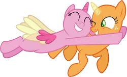 Size: 1489x899 | Tagged: safe, artist:pegasski, derpibooru import, oc, unofficial characters only, alicorn, pony, fame and misfortune, alicorn oc, bald, base, duo, eyelashes, flying, freckles, grin, horn, hug, one eye closed, simple background, smiling, transparent background, two toned wings, wings, wink