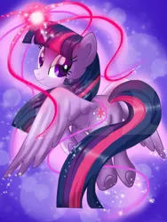 Size: 768x1024 | Tagged: safe, artist:sunshineshiny, derpibooru import, twilight sparkle, twilight sparkle (alicorn), alicorn, pony, cute, female, flying, looking at you, looking back, looking back at you, magic, solo, sparkles, twiabetes, underhoof