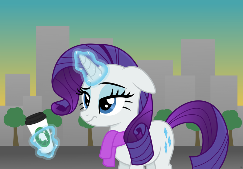 Size: 4722x3286 | Tagged: safe, artist:anime-equestria, derpibooru import, rarity, pony, unicorn, city, cityscape, clothes, coffee, coffee cup, cup, eyeshadow, female, glowing horn, horn, levitation, logo, magic, makeup, mare, morning ponies, narrowed eyes, raised eyebrow, scarf, skyline, solo, sunrise, telekinesis, tired, tree