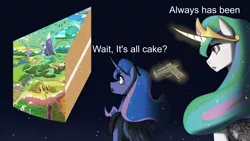 Size: 3840x2160 | Tagged: safe, artist:chopchopguy, derpibooru import, editor:smithers888, princess celestia, princess luna, alicorn, pony, 1000 hours in imagemagick, cake, cakelestia, crossing the memes, equestria, everything is cake, food, gun, meme, ponified meme, space, text, wait it's all ohio, wat, weapon