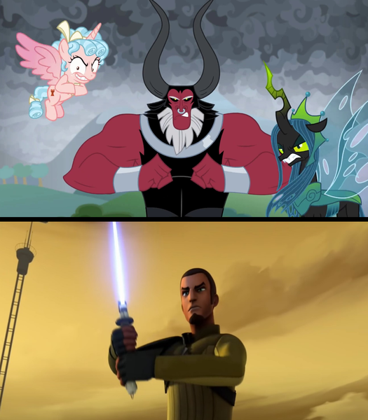 Size: 2912x3328 | Tagged: safe, derpibooru import, edit, edited screencap, screencap, cozy glow, lord tirek, queen chrysalis, alicorn, centaur, changeling, changeling queen, human, pony, the ending of the end, alicornified, bow, comparison, cozycorn, crossover, female, jedi, kanan jarrus, lightsaber, male, race swap, star wars, star wars rebels, tail bow, ultimate chrysalis, weapon