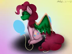 Size: 1600x1200 | Tagged: safe, artist:sweeetiebelle, derpibooru import, pinkie pie, oc, oc:frost d. tart, pony, clothes, cosplay, costume, eyes closed, male, pinkie costume, pony costume, solo, stallion, suit, watermark