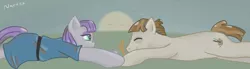 Size: 720x200 | Tagged: artist:wrath-marionphauna, boulder (pet), couple, derpibooru import, digital art, maud pie, mudbriar, safe, shipping, smiling, twiggy (pet)