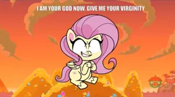 Size: 918x512 | Tagged: suggestive, derpibooru import, edit, edited screencap, screencap, fluttershy, pegasus, pony, death of a sales-pony, my little pony: pony life, spoiler:pony life s01e07, spoiler:pony life s01e08, bits, caption, female, gemstones, giant pegasus, giant pony, giantess, giantshy, grin, i am your god now bring me your virgins, image macro, imminent sex, insanity, macro, mare, money, obsession, rubbing hooves, smiling, solo, text, treehouse logo