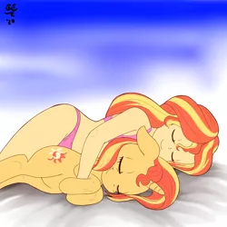 Size: 3000x3000 | Tagged: safe, artist:tomtornados, derpibooru import, sunset shimmer, human, pony, unicorn, equestria girls, bed, clothes, cuddling, cute, eyes closed, female, floppy ears, holding a pony, human on pony snuggling, human ponidox, mare, panties, platonic, platonic cuddling, self ponidox, shimmerbetes, sleeping, sleeping together, smiling, snuggling, underwear