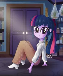 Size: 1536x1856 | Tagged: safe, artist:saltymango, derpibooru import, sci-twi, twilight sparkle, equestria girls, alternate clothes, alternate hairstyle, blouse, boots, clothes, cute, female, glasses, light, looking at you, ponytail, shoes, sitting, solo, twiabetes