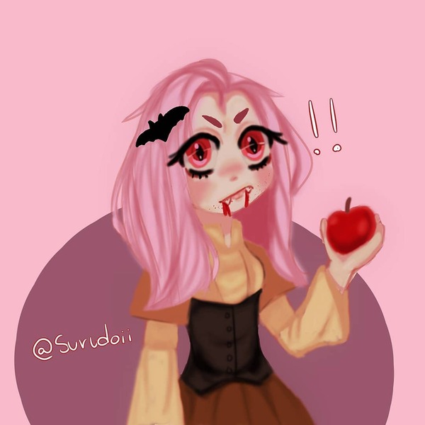 Size: 1080x1080 | Tagged: safe, artist:surudoii, derpibooru import, fluttershy, bat pony, human, apple, bat ponified, blood, caught, clothes, exclamation point, fangs, female, flutterbat, food, humanized, makeup, race swap, signature, solo, wide eyes