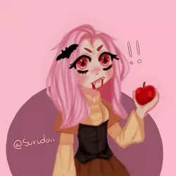 Size: 1080x1080 | Tagged: safe, artist:surudoii, derpibooru import, fluttershy, bat pony, human, apple, bat ponified, blood, caught, clothes, exclamation point, fangs, female, flutterbat, food, humanized, makeup, race swap, signature, solo, wide eyes