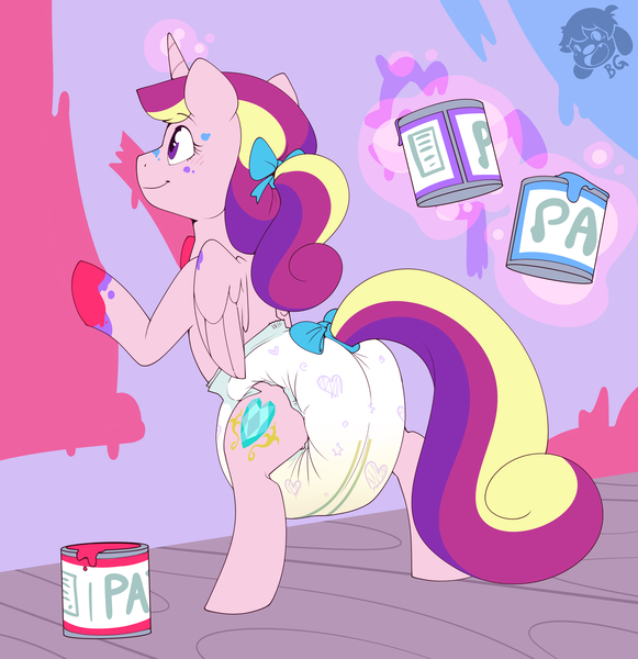 Size: 3912x4040 | Tagged: questionable, artist:cuddlehooves, derpibooru import, princess cadance, alicorn, pony, bow, cute, diaper, diaper fetish, female, fetish, hoof painting, non-baby in diaper, paint, poofy diaper, solo, wet diaper, younger