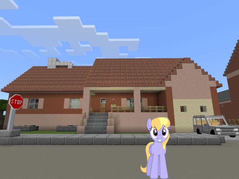 Size: 2048x1536 | Tagged: safe, artist:bluemeganium, artist:topsangtheman, derpibooru import, cloud kicker, pegasus, pony, car, female, house, looking at you, minecraft, photoshopped into minecraft, solo, stop sign
