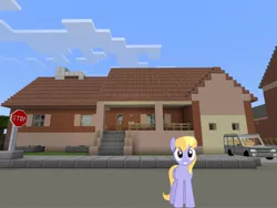 Size: 2048x1536 | Tagged: safe, artist:bluemeganium, artist:topsangtheman, derpibooru import, cloud kicker, pegasus, pony, car, female, house, looking at you, minecraft, photoshopped into minecraft, solo, stop sign