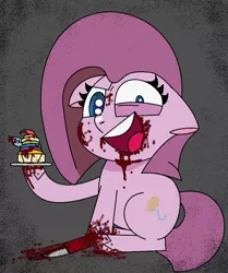 Size: 800x956 | Tagged: anonymous artist, blood, creepypasta, cupcake, dead, death, derpibooru import, fanfic:cupcakes, female, food, grimdark, horse meat, implied rainbow dash, knife, meat, my little pony: pony life, open mouth, pinkamena diane pie, pinkie pie, pony life accurate, show accurate, sitting, solo