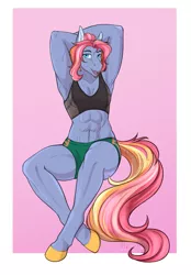 Size: 2733x3934 | Tagged: safe, artist:blackblood-queen, derpibooru import, oc, oc:denim girder, unofficial characters only, anthro, earth pony, unguligrade anthro, abs, biceps, clothes, commission, digital art, earth pony oc, female, hamstrings, image, muscles, muscular female, png, quadriceps, shorts, solo, sports bra, sports shorts, sweat
