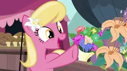 Size: 1280x720 | Tagged: safe, derpibooru import, screencap, lily, lily valley, earth pony, pony, it isn't the mane thing about you, cute, female, flower, happy, lily (flower), mare, open mouth, solo