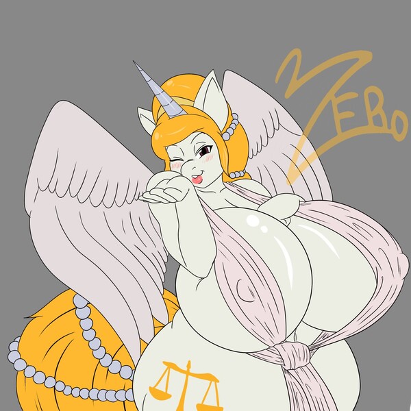 Size: 1280x1280 | Tagged: alicorn, alicorn oc, anthro, artist:zeromccall, belly button, big breasts, blushing, breasts, busty oc, clothes, commission, cutie mark, derpibooru import, digital art, erect nipples, female, horn, huge breasts, hyper, hyper breasts, impossibly large breasts, jewelry, kissy face, large wings, nipple outline, oc, oc:eunomia, one eye closed, questionable, simple background, solo, solo female, tiara, unofficial characters only, wings, wink