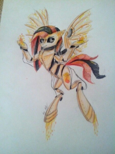 Size: 960x1280 | Tagged: safe, artist:kiwwsplash, derpibooru import, oc, unofficial characters only, pegasus, pony, robot, robot pony, flying, glowing hooves, pegasus oc, rocket, solo, traditional art, wings