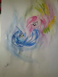 Size: 640x853 | Tagged: safe, artist:kiwwsplash, derpibooru import, oc, unofficial characters only, pegasus, pony, unicorn, bust, curved horn, duo, horn, pegasus oc, signature, traditional art, unicorn oc, wings