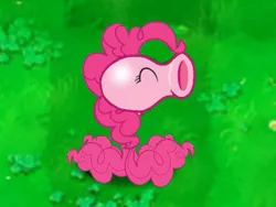 Size: 425x319 | Tagged: safe, artist:to touru, derpibooru import, pinkie pie, earth pony, original species, plant pony, cute, eyes closed, funny, grass, grass field, peashooter, plant, plants vs zombies, simple background, species swap, wat