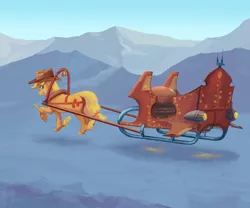 Size: 1200x1000 | Tagged: safe, artist:adeptus-monitus, derpibooru import, applejack, earth pony, pony, cowboy hat, female, hat, pulling sleigh, sleigh, snow, solo, wings