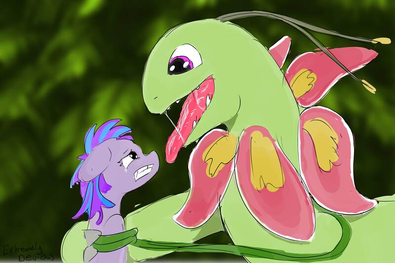 Size: 5000x3333 | Tagged: suggestive, artist:extremelydevious, derpibooru import, oc, meganium, pony, barely pony related, bondage, drool, imminent vore, maw, oral vore, pokémon, pony prey, size difference, tentacle bondage, tentacle porn, tentacles, tongue out, unwilling prey, vine, vine whip, vore