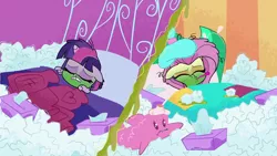 Size: 1920x1080 | Tagged: alicorn, backwards thermometer, bed, derpibooru import, fluttershy, green face, hot water bottle, ice pack, my little pony: pony life, safe, screencap, sick, sick day, snot, spoiler:pony life s01e13, spoiler:pony life s01e20, thermometer, tissue, tissue box, twilight sparkle, twilight sparkle (alicorn)