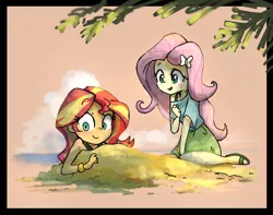 Size: 1900x1500 | Tagged: safe, artist:nendo, derpibooru import, fluttershy, sunset shimmer, equestria girls, beach, buried in sand, cloud, duo, palm tree, sand, sandals, sleeveless, smiling, tree