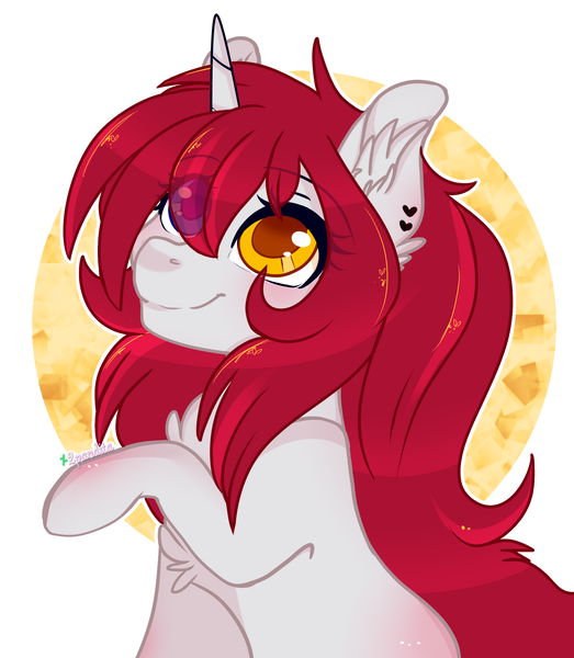 Size: 2180x2500 | Tagged: safe, artist:2pandita, derpibooru import, part of a set, oc, unofficial characters only, pony, unicorn, bust, commission, female, heterochromia, image, mare, png, portrait, raised hoof, sitting, smiling, solo, ych result