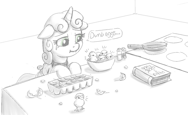 Size: 1257x768 | Tagged: safe, artist:heretichesh, derpibooru import, sweetie belle, bird, chicken, pony, unicorn, apron, book, bowl, chick, clothes, cooking, cute, dialogue, dumb fabric, egg, egg carton, egg shells, failure, female, filly, food, frying pan, pepper shaker, sad, salt shaker, sketch, stove, sweetie belle can't cook, sweetie fail, teary eyes, text